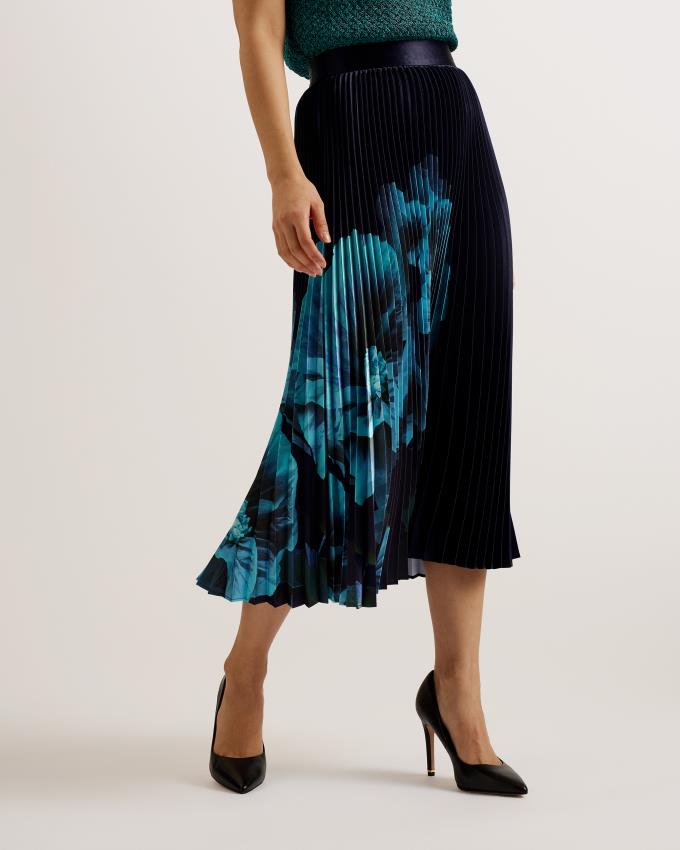 Jupe Ted Baker Floral Print Satin Pleated Midi Bleu Marine Femme | AVL-84709382